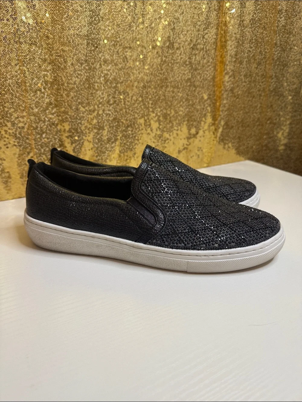 Skechers Women's Goldie-Diamond Darling Black Slip-On Sneakers with rhinestones